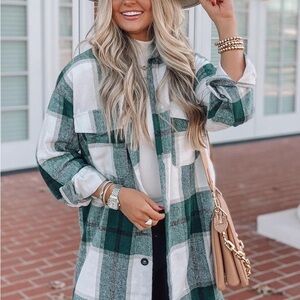 Women Fall Clothes Plaid Shacket Jacket Long Sleeve Button Down Flannel